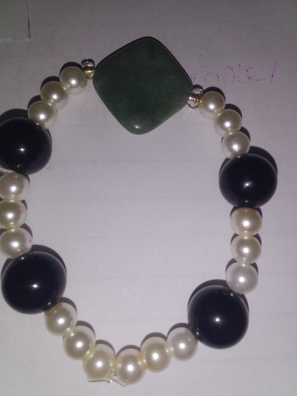 Green Jade Accent Pearl and Black Bead Stretch Bracelet
